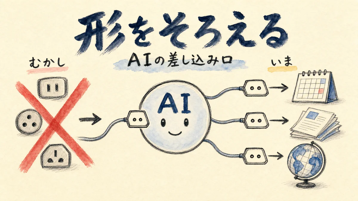 AIに道具をつなぐ差し込み口の形をそろえる図解。AIの頭からカレンダー・書類・地球儀へ同じ形のコードがつながっている