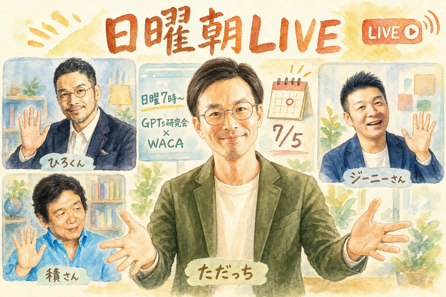 ただっちの司会でひろくん・積さん・ジーニーさんが自己紹介する全体図グラレコ