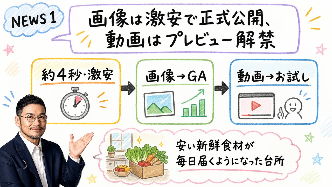 画像は激安で正式公開、動画はプレビュー解禁を表すグラフィックレコーディング図解