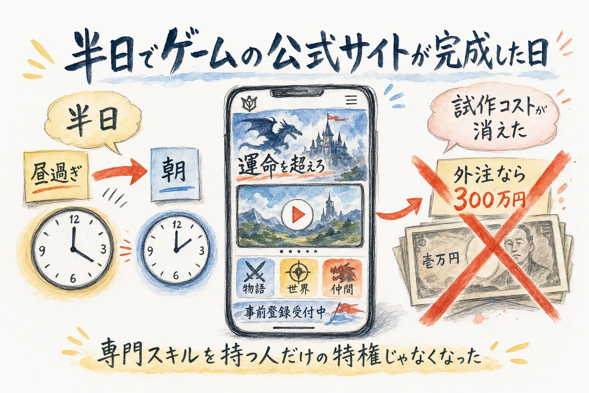 イケハヤさんが半日でゲーム公式サイトを完成させたエピソードの図解