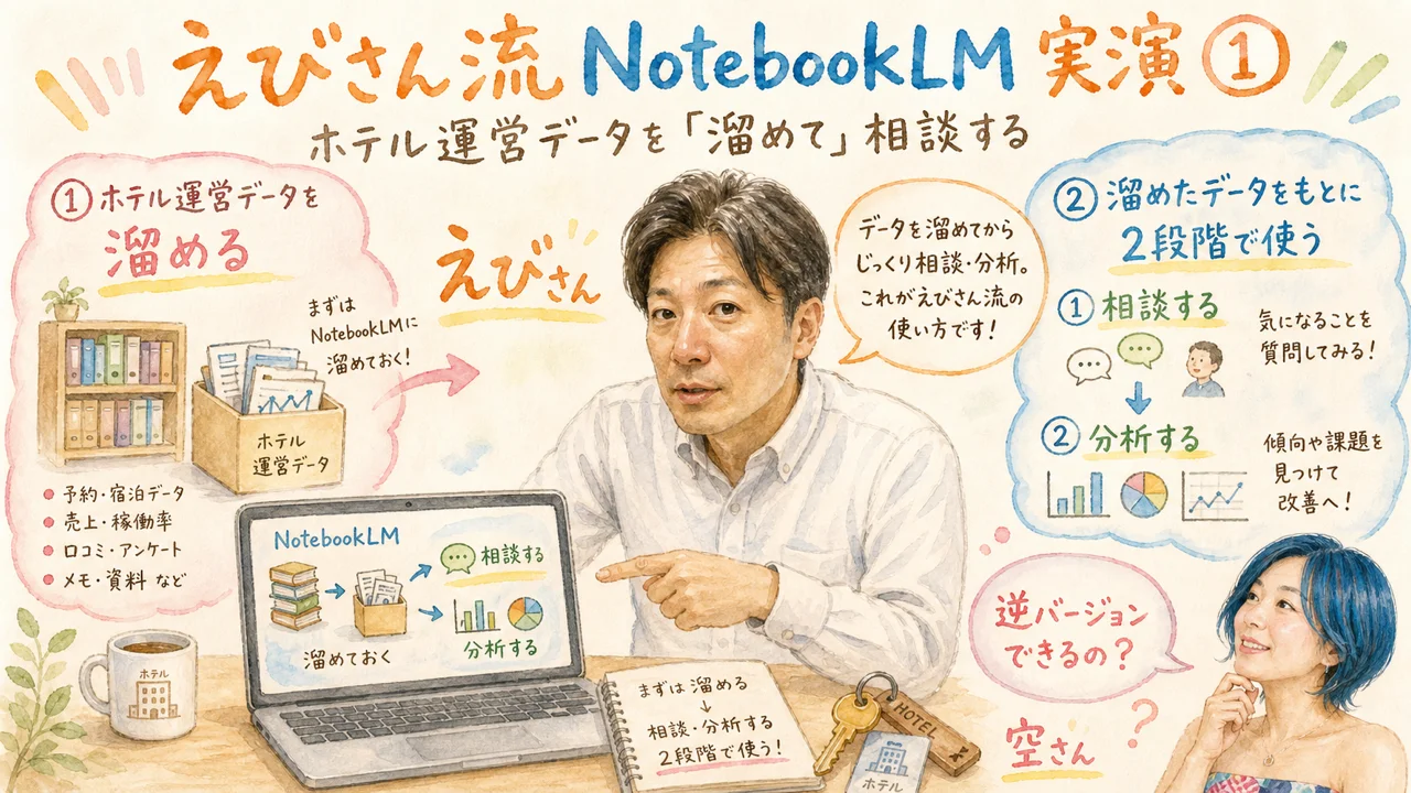えびさん流NotebookLM実演① — ホテル運営データを「溜めて」相談する 見出し画像