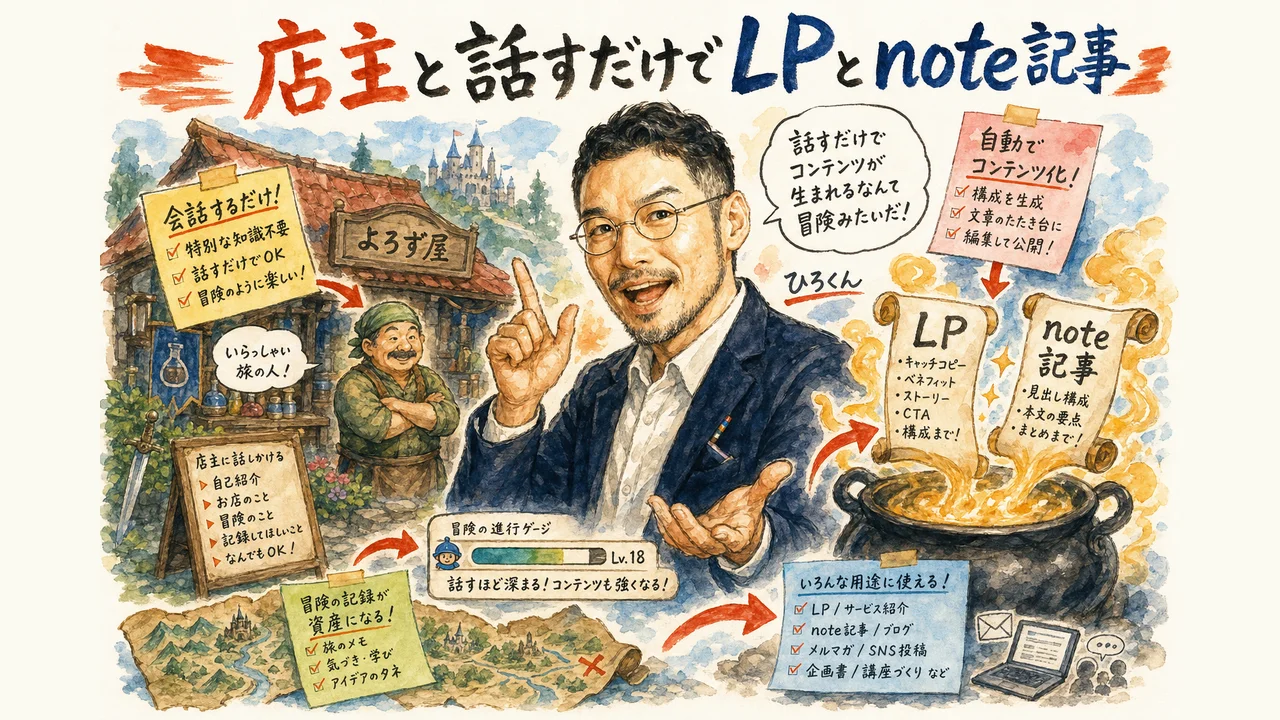 新作RPG「奥義の里」――店主と話すだけでノート記事もLPも歌もできる