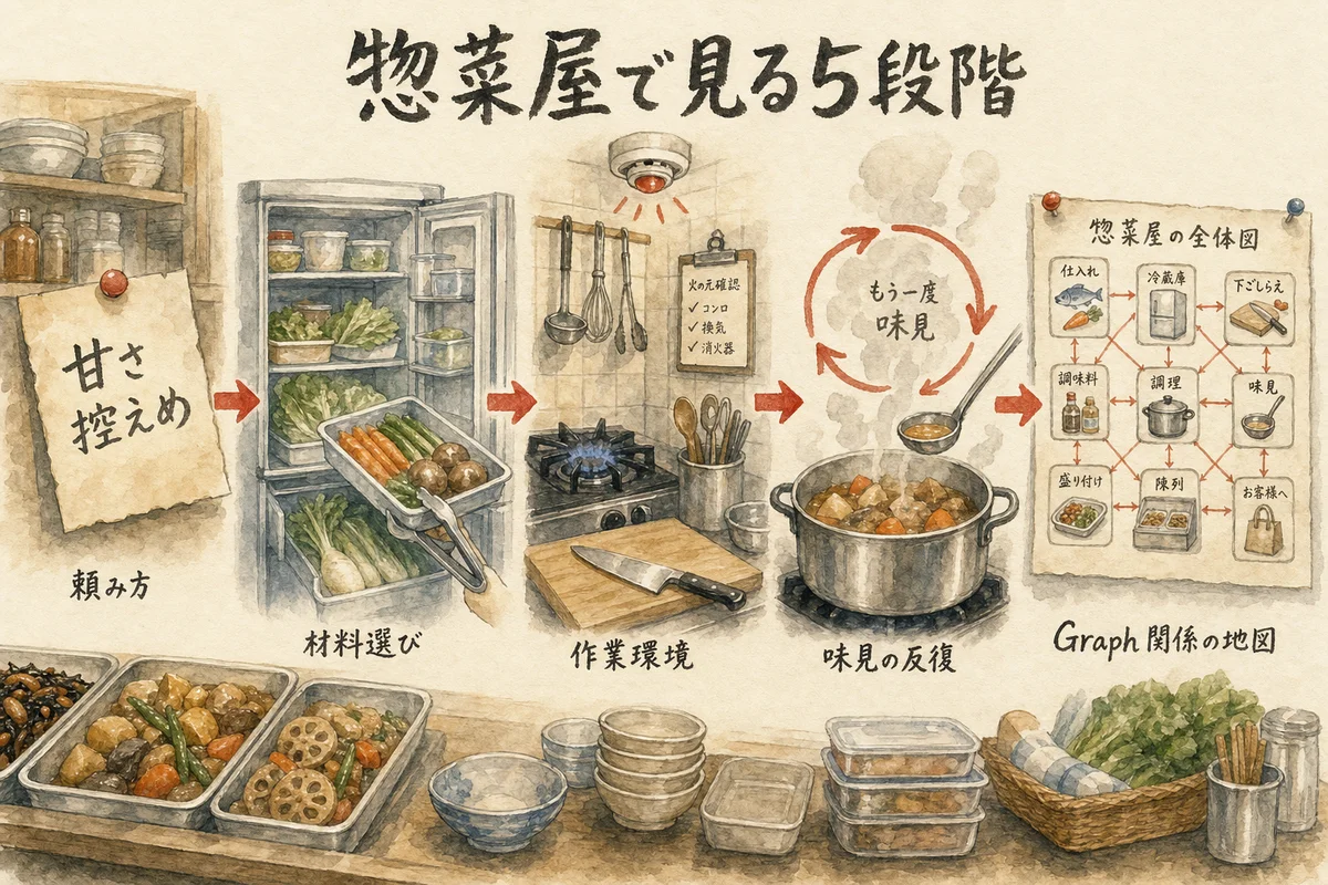 5つの段階を惣菜屋の厨房で例えると