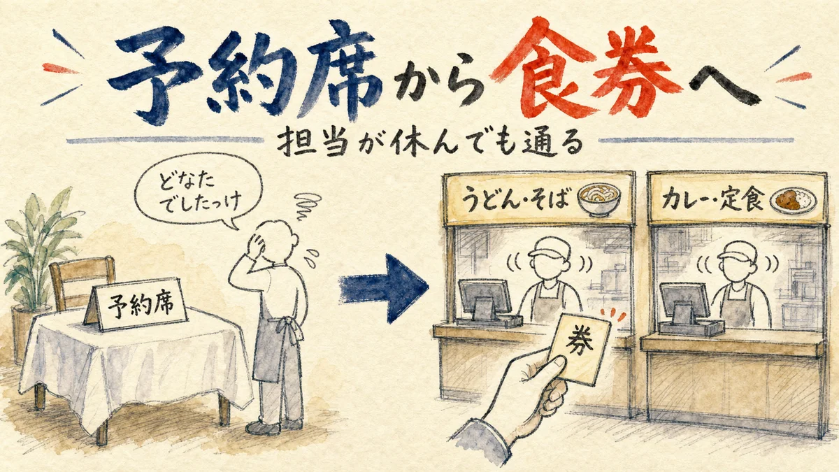 予約席の常連レストランからフードコートの食券制へ変わったことを示す図解。左は困る店員、右は券を差し出す手