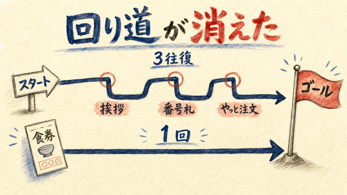 3往復かかっていた手続きが1回で済むようになったことを示す図解。遠回りの線とまっすぐな線の対比