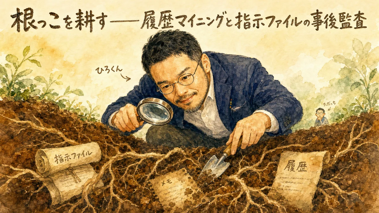 履歴マイニングと指示ファイル監査を解説するひろくんのグラレコ