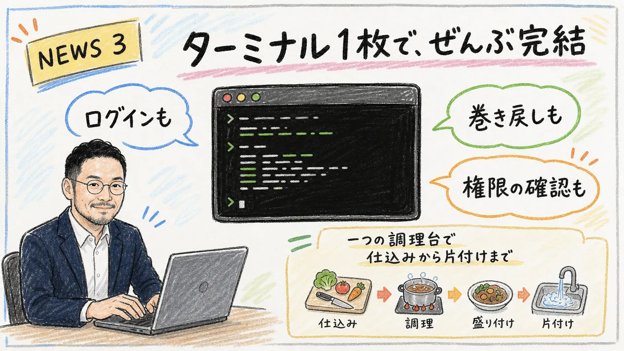 Claude Codeがターミナル1枚で完結することを表すグラフィックレコーディング図解