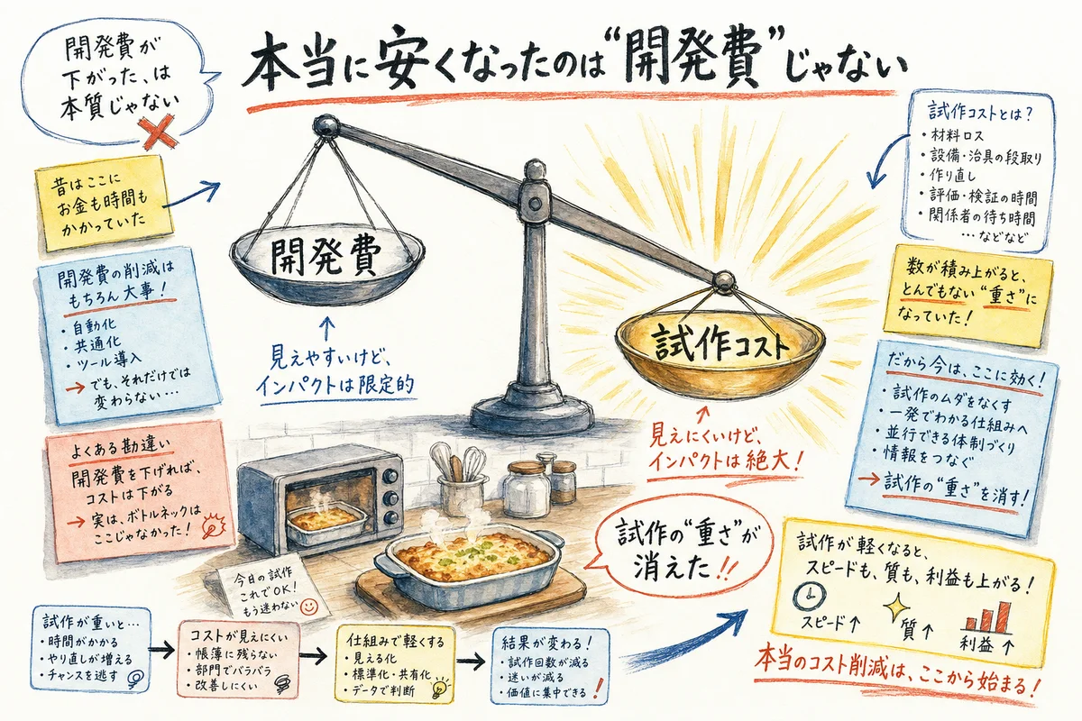 開発費と試作コストを天秤にかけた図解