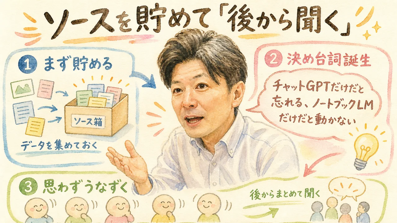 ソースを貯めて「後から聞く」——決め台詞が生まれた瞬間 見出し画像