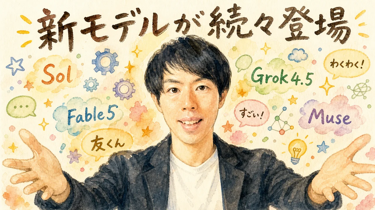 友くんが見せる「アベンジャーズ状態」の新モデルラッシュ——Fable 5延長・Sol・Grok 4.5・Muse Spark 1.1
