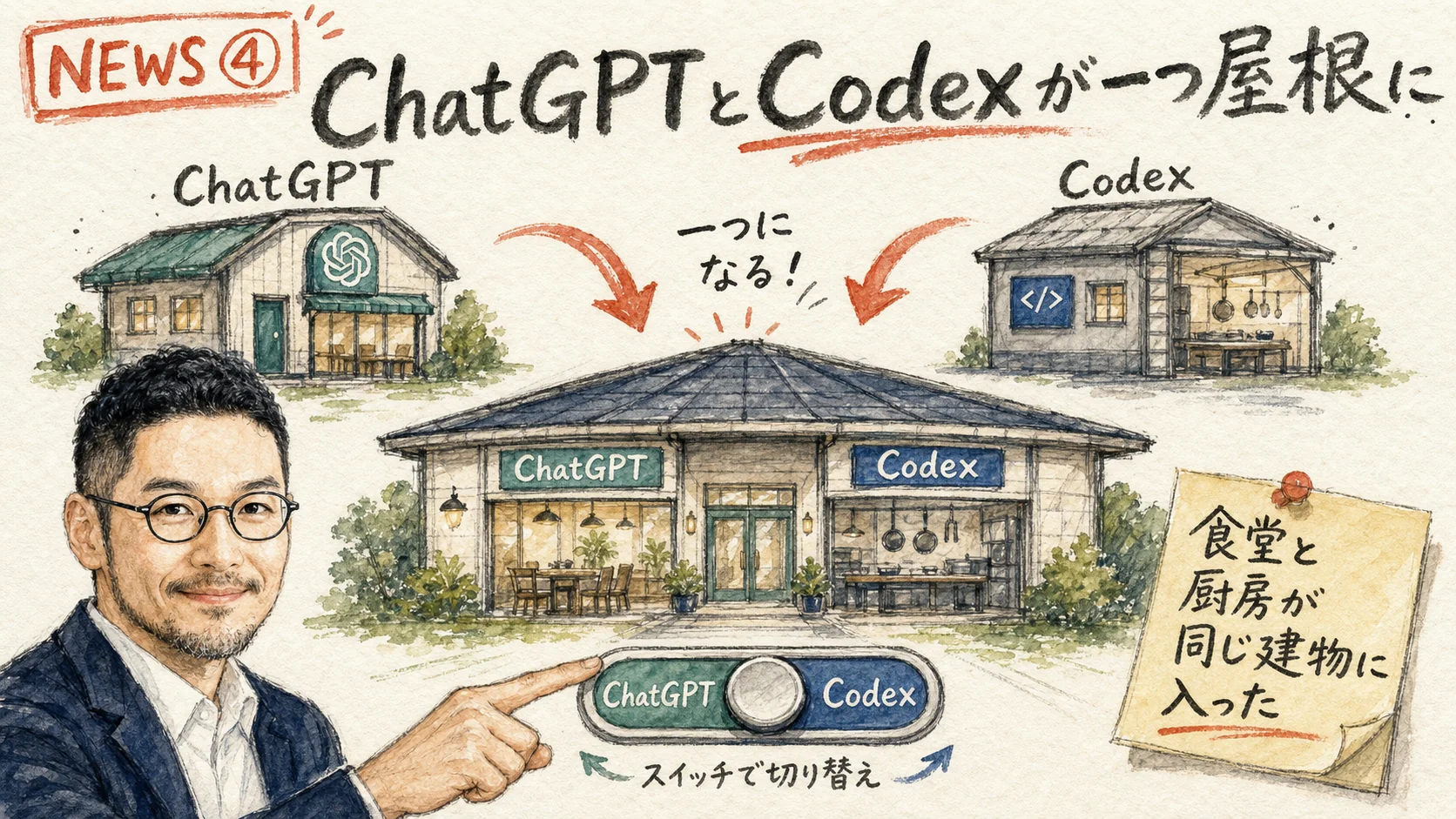 NEWS④ 発表:2026-07-09〜17 ChatGPT Desktop Chat Work統合 Codexマージ グラレコ