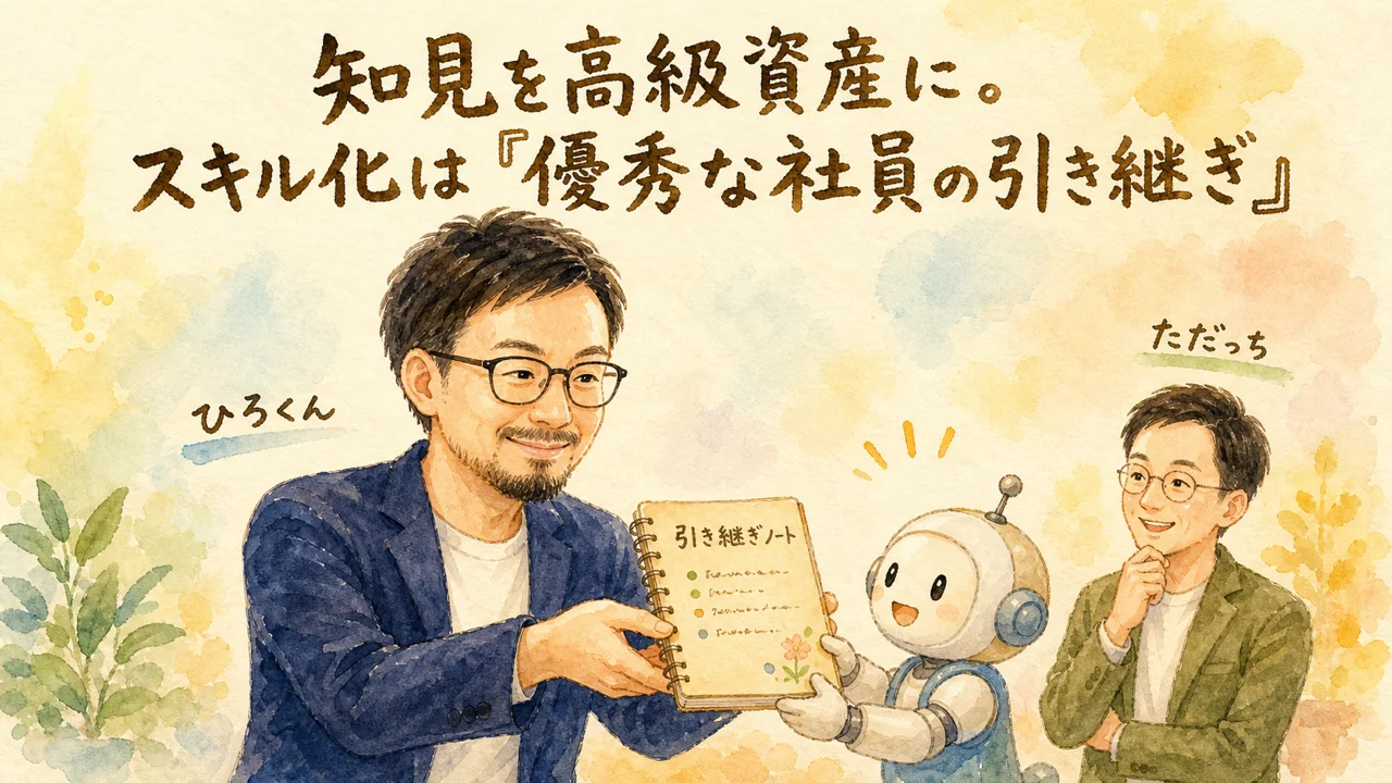 スキル化を優秀な社員の引き継ぎに例えるひろくんとただっちのグラレコ