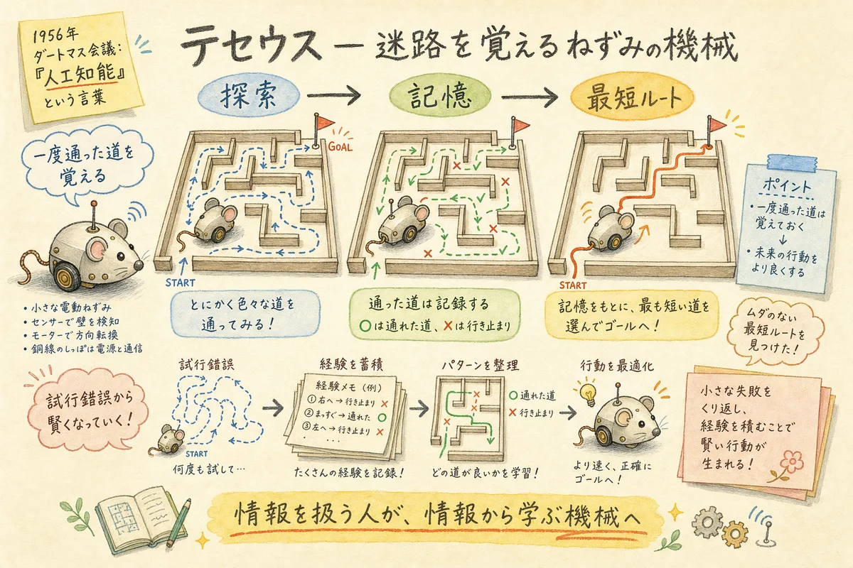 テセウス 迷路を覚えるねずみの機械 機械学習の原点の図解