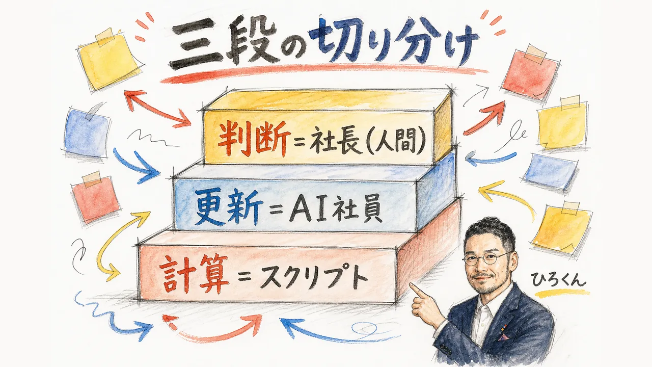 判断は社長・更新はAI社員・計算はスクリプトの三段の切り分け図解