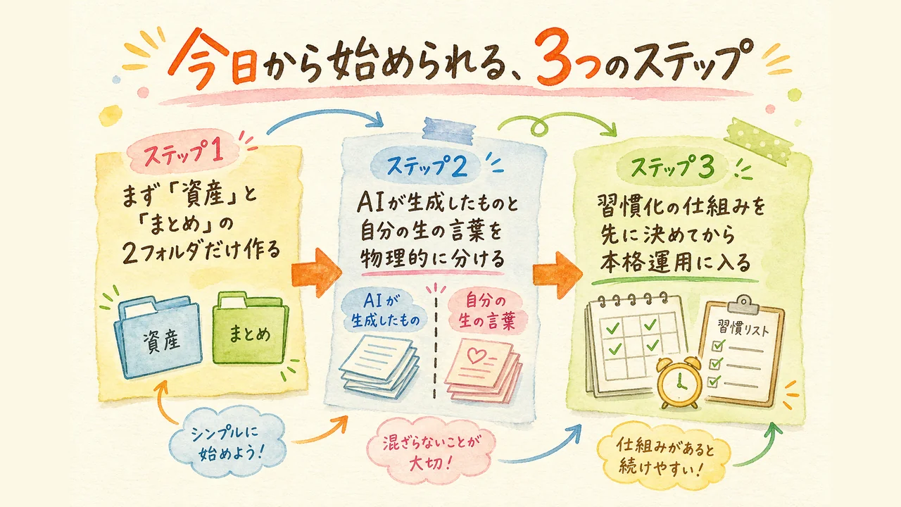 今日から始められる3つのステップ（資産とまとめの分離・AI生成と生メモの分離・習慣化）の図解