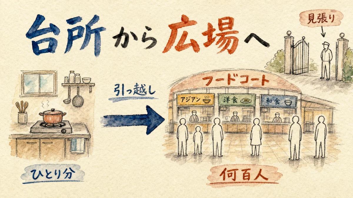 家の台所から大きなフードコートへ引っ越したことを示す図解。門番も描かれている