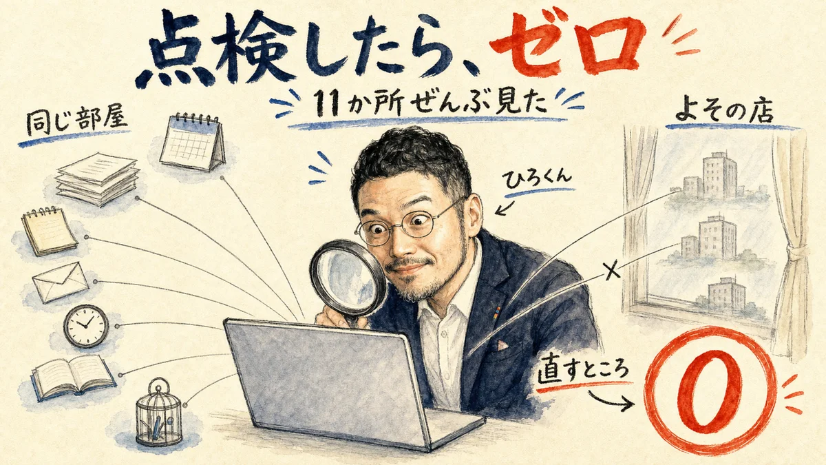 自分のパソコン11か所を点検して直すところが0だったことを示す図解。ひろくんが虫めがねでのぞきこんでいる