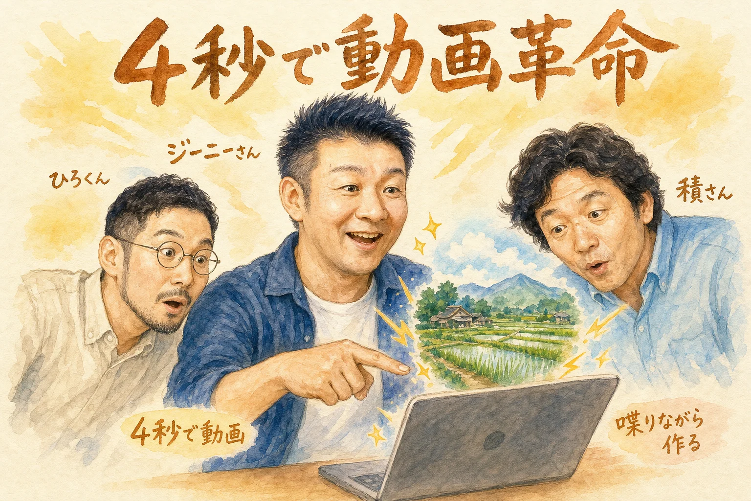 ジーニーさんの4秒動画生成AIデモを見て驚くひろくんと積さんのグラレコ
