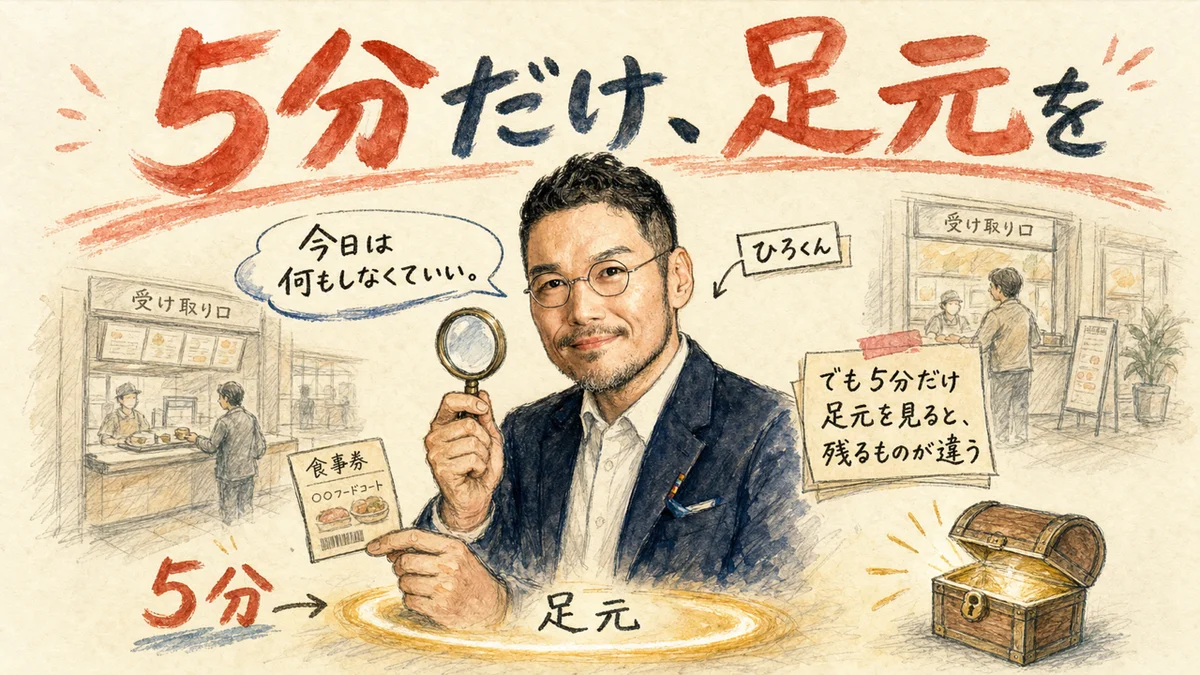 今日は何もしなくていいが5分だけ足元を見ると残るものが違う、というまとめの図解