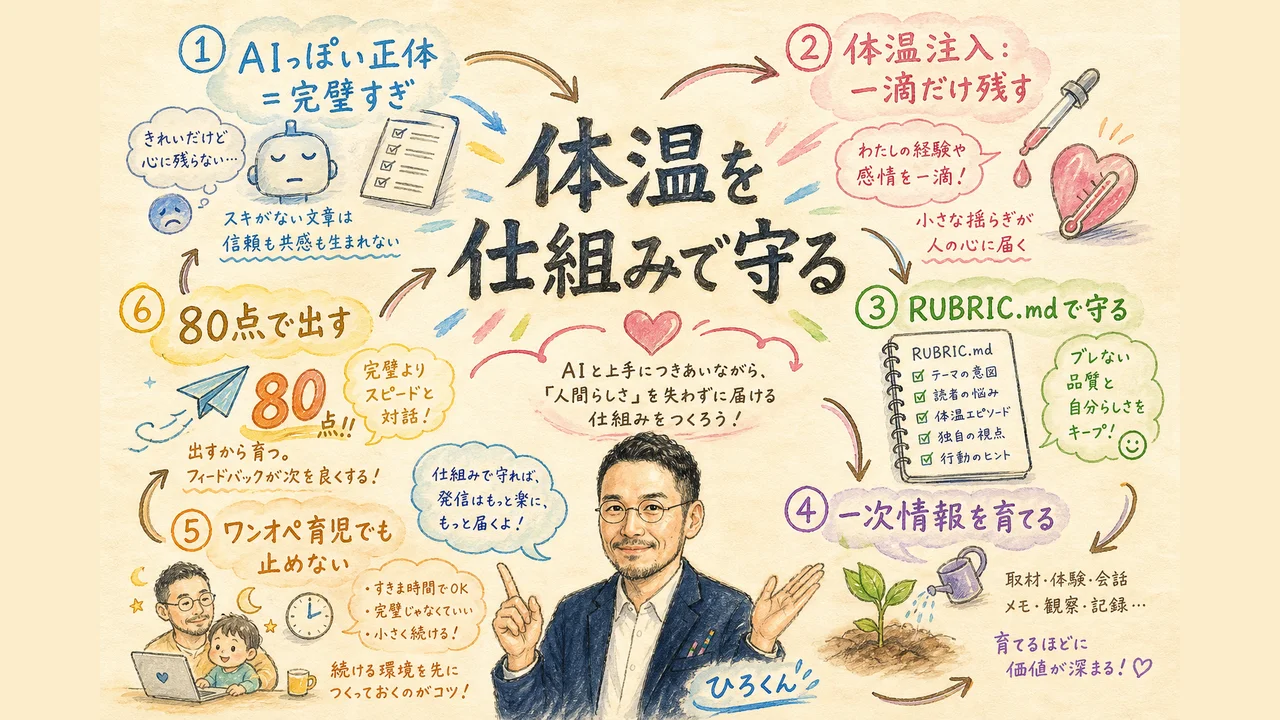AIの完璧な文章に読者が飽きていく様子と体温注入という技術を示す図解