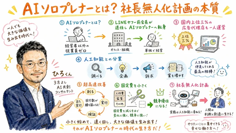 AIソロプレナーと社長無人化計画の全体像を示すグラフィックレコーディング