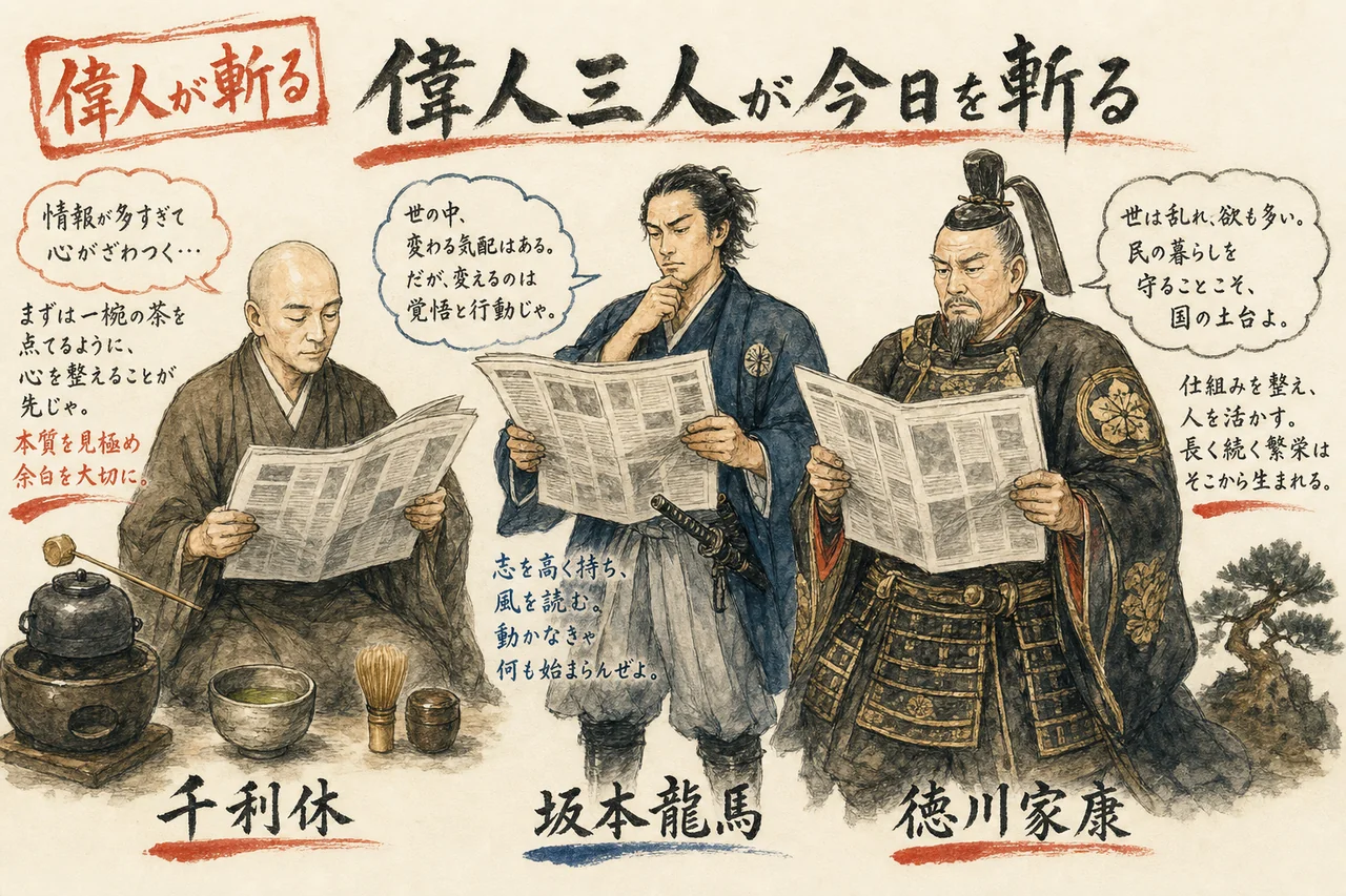 偉人が斬る今日のヘッドライン 千利休 坂本龍馬 徳川家康 グラレコ