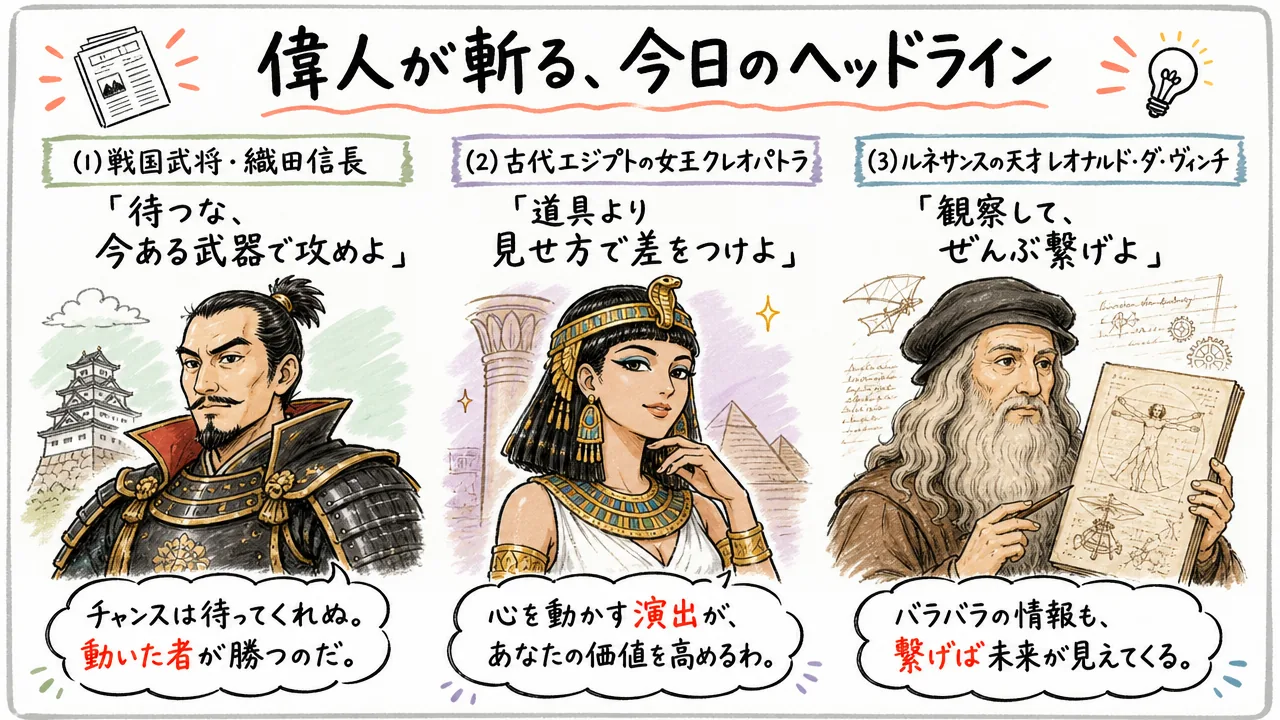 織田信長・クレオパトラ・レオナルド・ダ・ヴィンチが今日のAIニュースを斬る図解