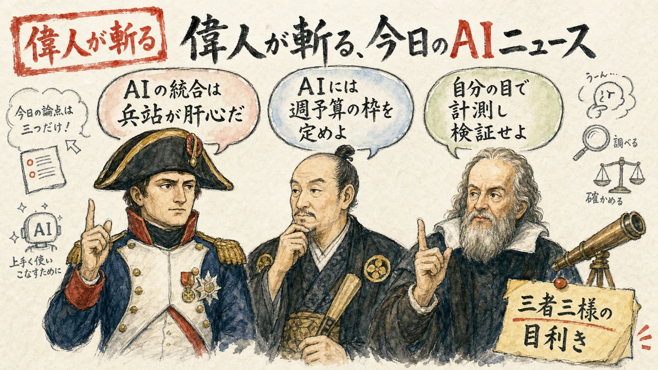 ナポレオン・徳川家康・ガリレオが今日のヘッドラインを論じる図解