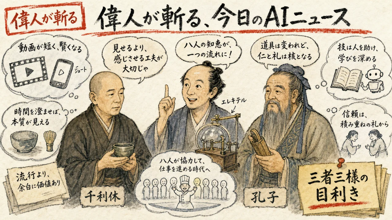 千利休・平賀源内・孔子が今日のヘッドラインを論じる図解