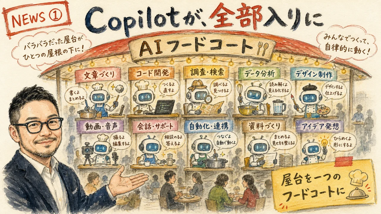 Microsoft Copilotが一つのスーパーアプリに統合される構想の図解