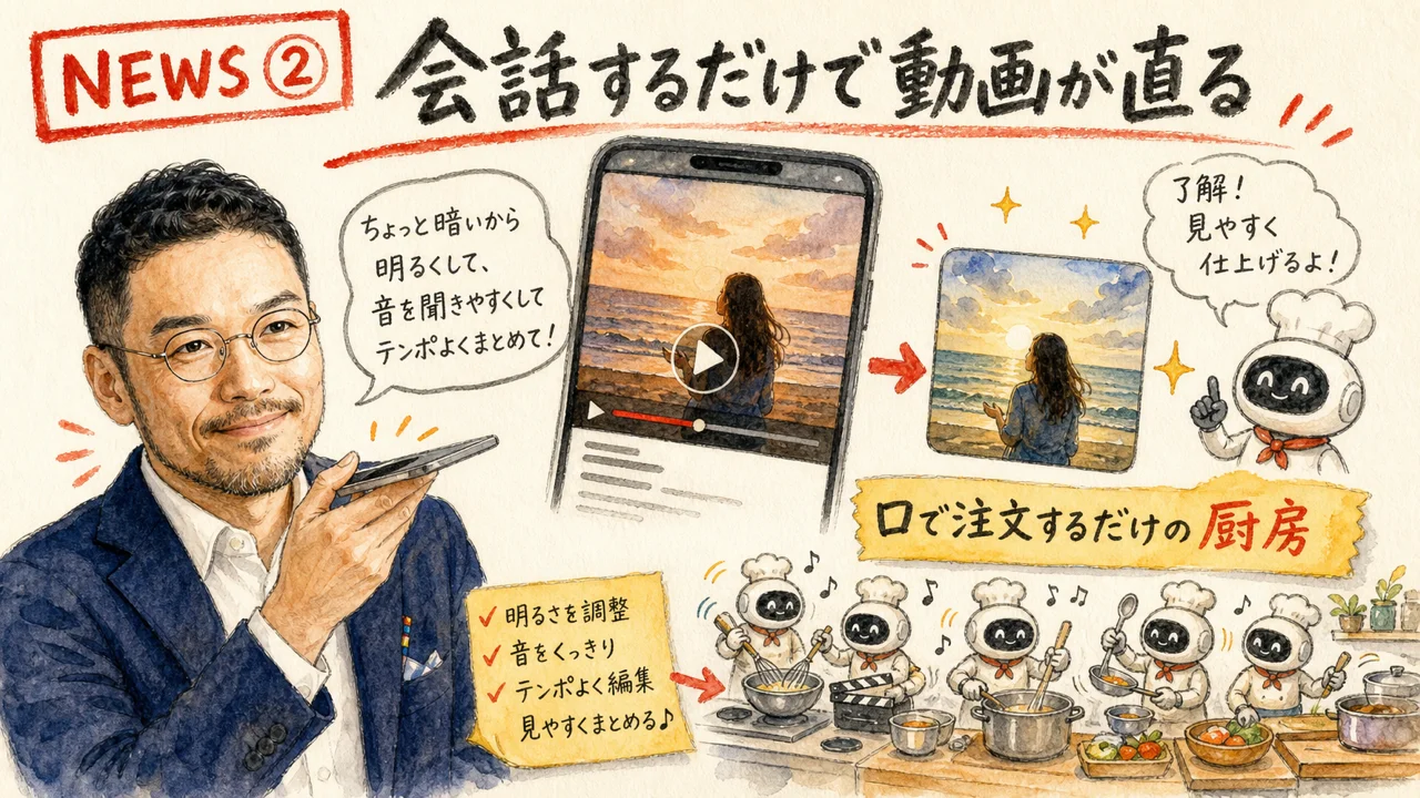会話で動画を編集できるGemini Omni Flashの図解