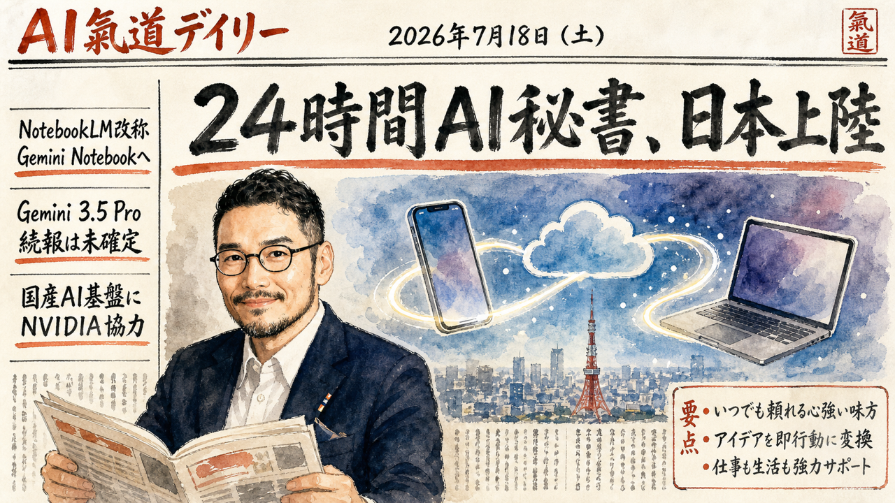 Gemini SparkのAI秘書が日本上陸する様子を伝える新聞風ニュース図