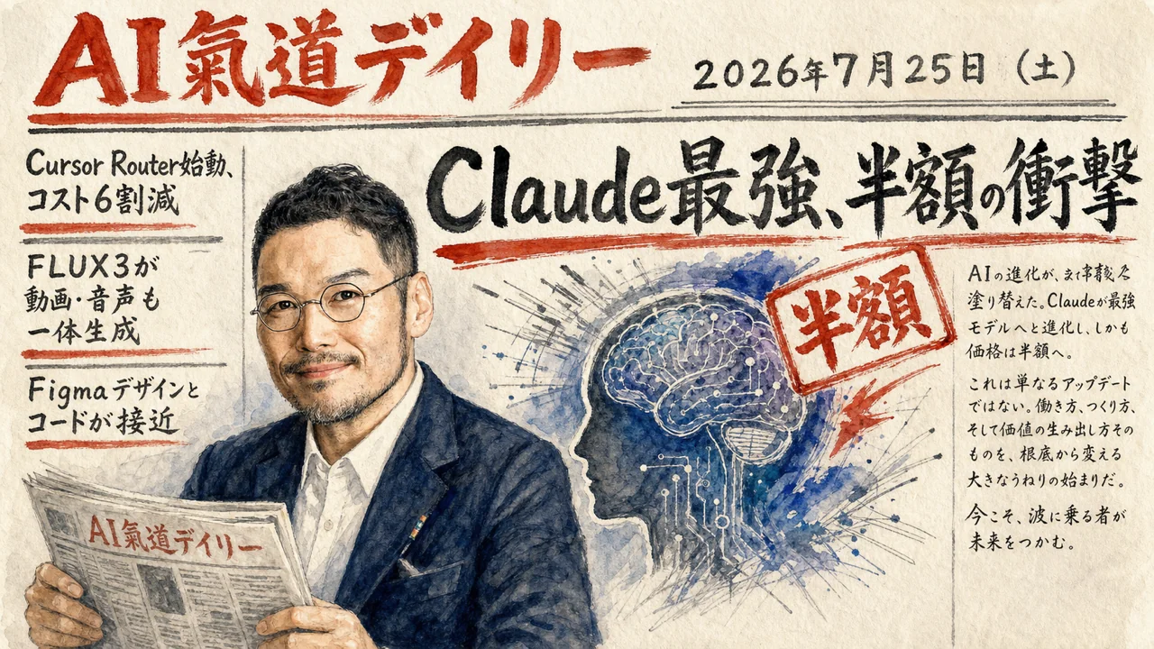 Claude Opus 5正式リリースとCursor Routerのコスト6割減を伝える新聞風ニュース図