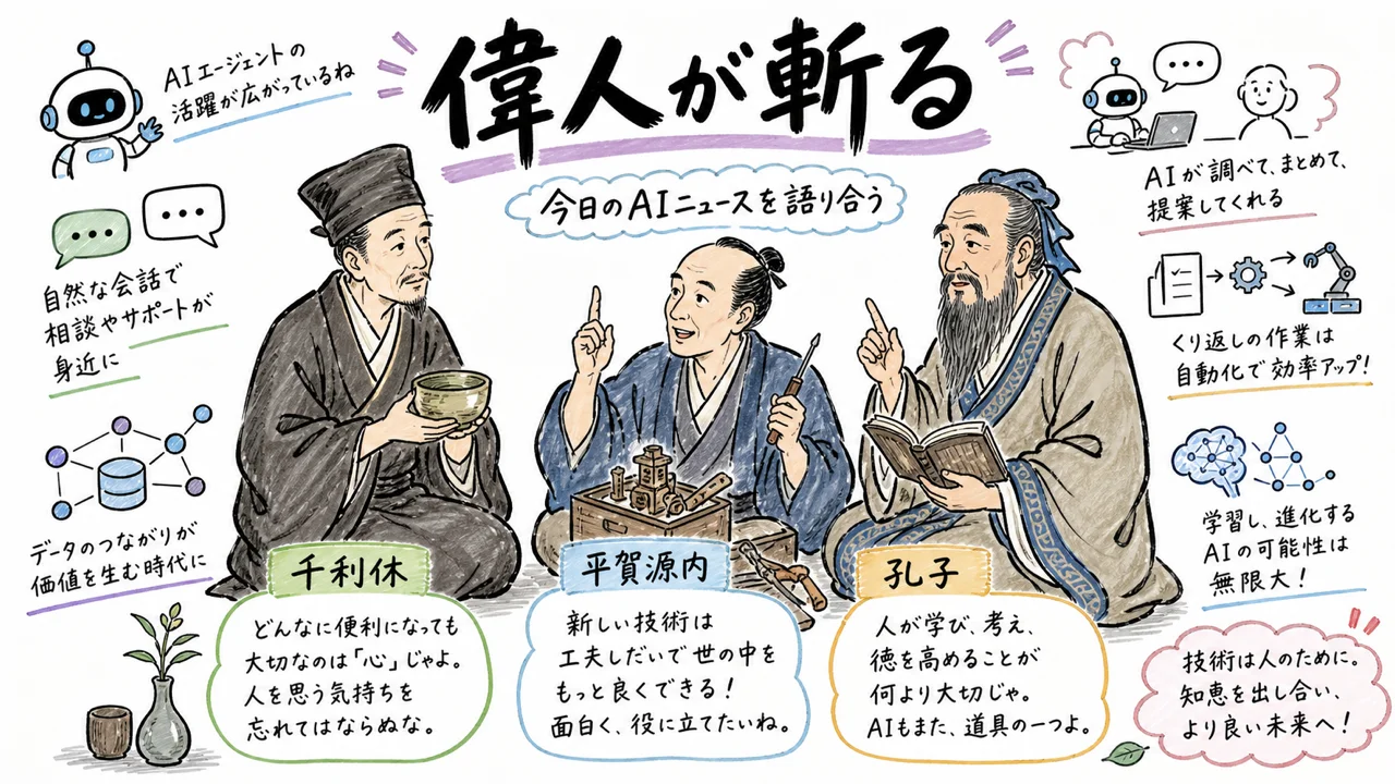 千利休・平賀源内・孔子が今日のAIニュースを語る集合グラフィックレコーディング