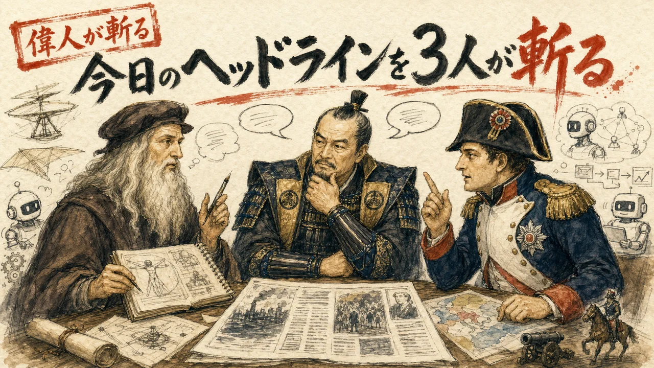 レオナルド・ダ・ヴィンチ・徳川家康・ナポレオンが今日のAIニュースを語る集合グラフィックレコーディング