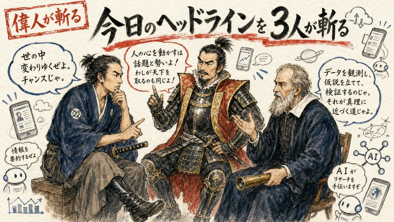 坂本龍馬・織田信長・ガリレオ・ガリレイが今日のAIニュースを語る集合グラフィックレコーディング