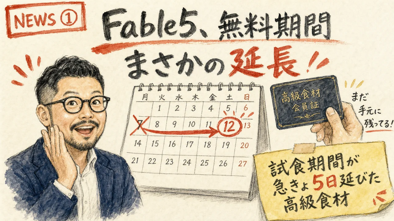 Claude Fable 5の無料期間延長をやさしく解説するグラフィックレコーディング