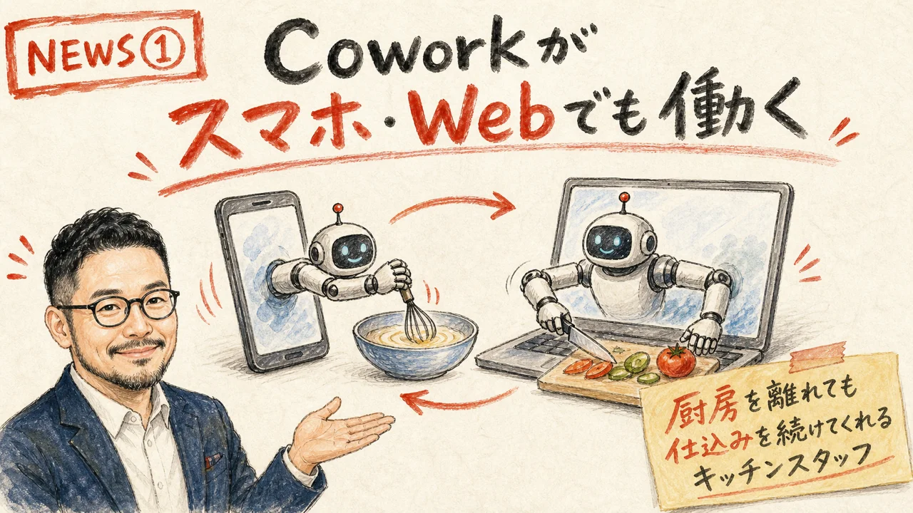 Claude Coworkのモバイル・Web対応をやさしく解説するグラフィックレコーディング