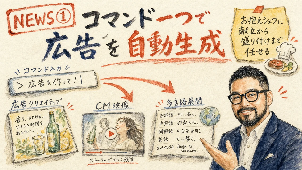 Runway Agent Skillsで広告を自動生成するイメージのグラフィックレコーディング