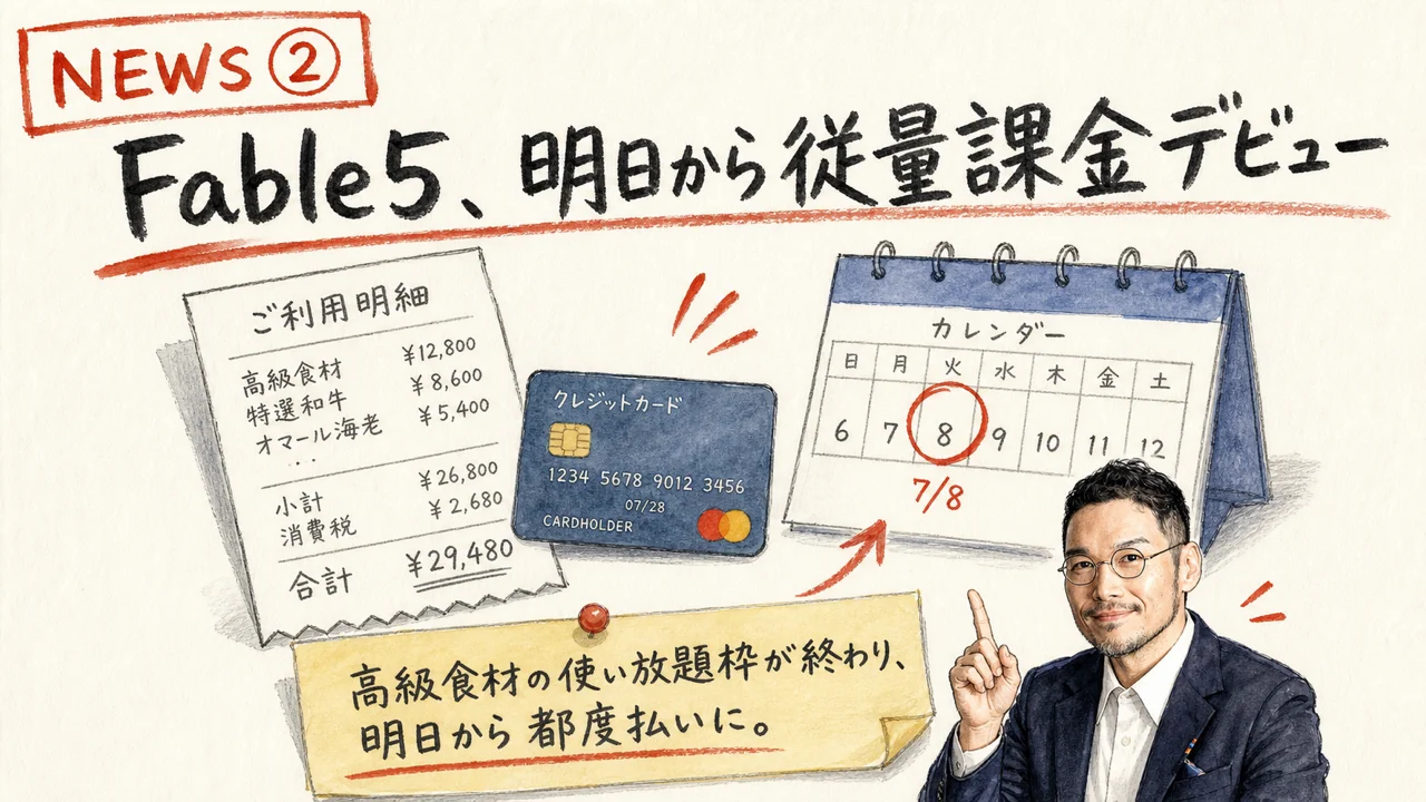 Claude Fable 5の課金方式変更をやさしく解説するグラフィックレコーディング