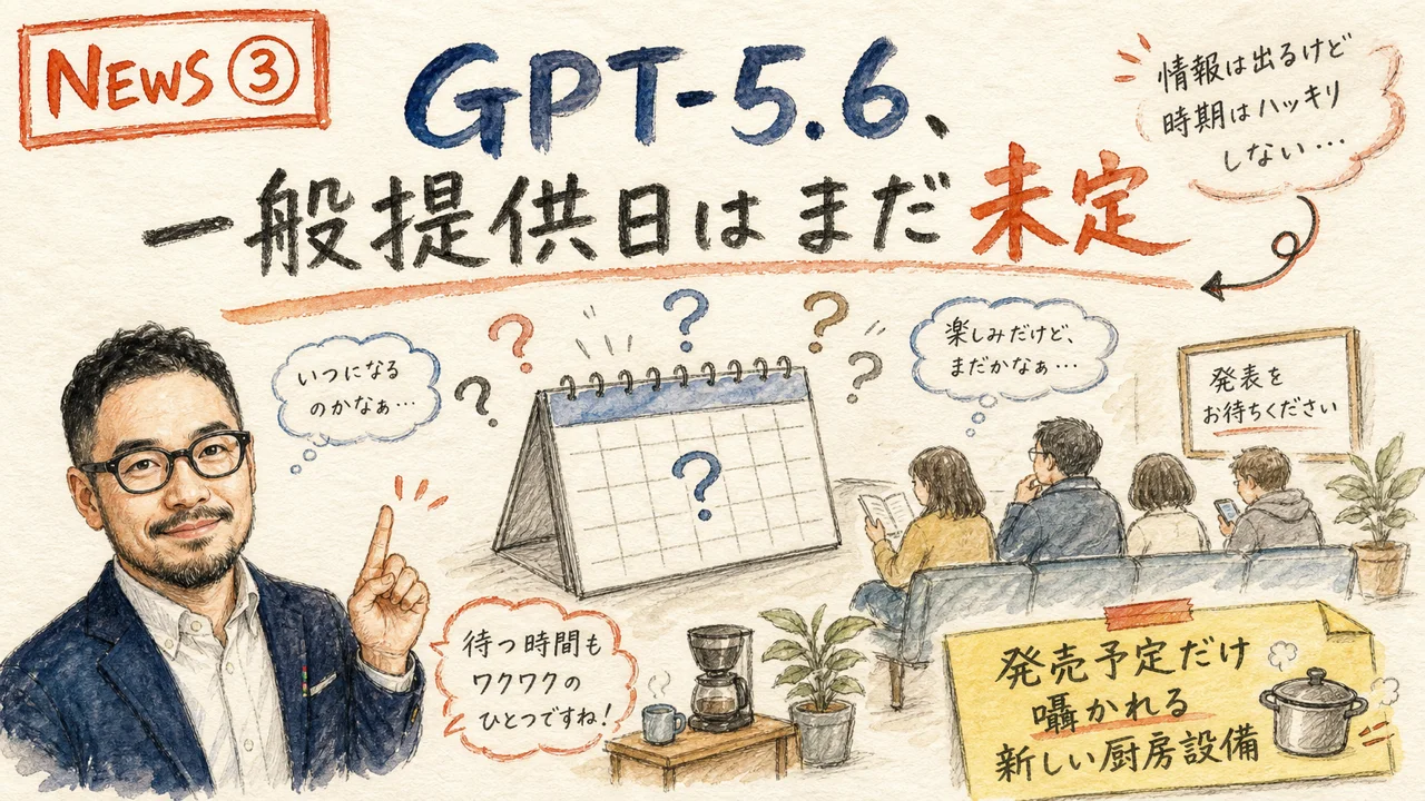 OpenAI GPT-5.6の一般提供が遅れている状況をやさしく解説するグラフィックレコーディング