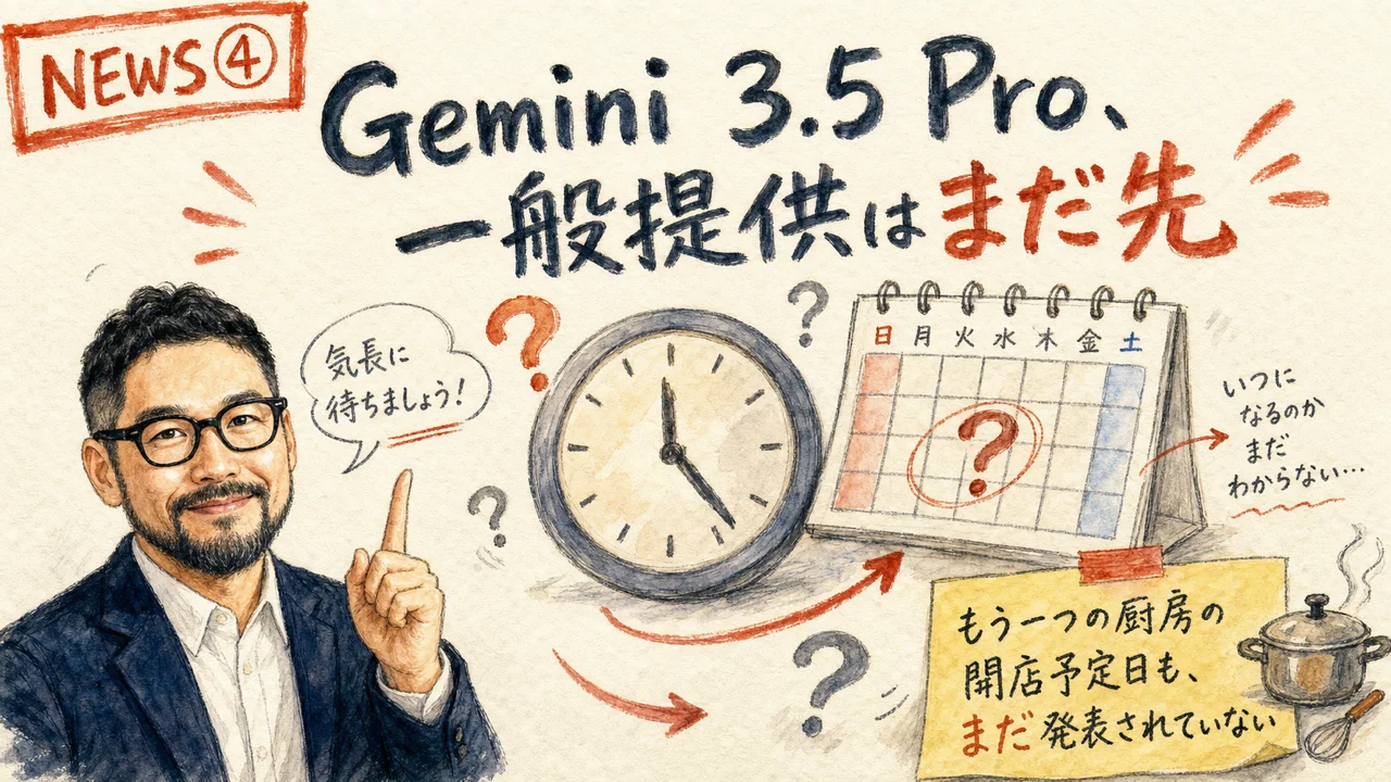 Google Gemini 3.5 Proの一般提供延期をやさしく解説するグラフィックレコーディング