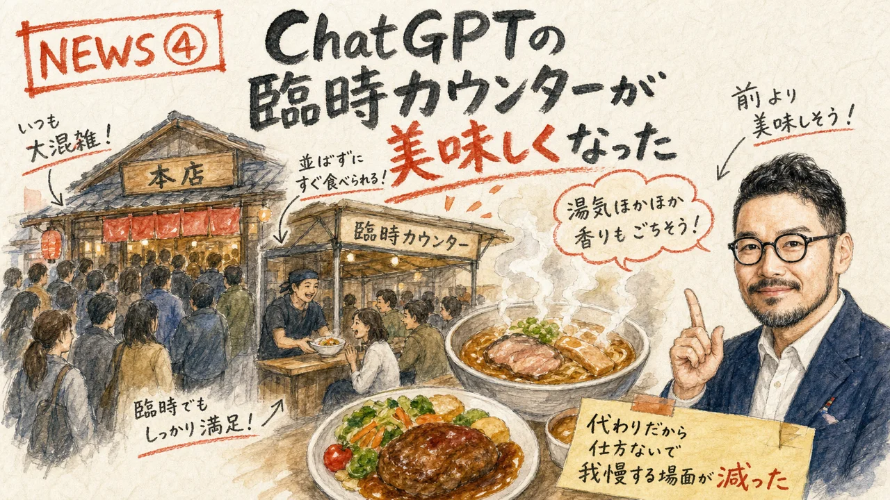 ChatGPTのGPT-5.5 Instant Mini追加をやさしく解説するグラフィックレコーディング