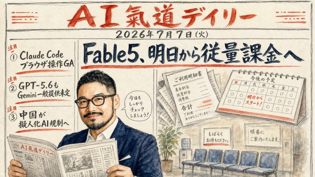 AI氣道デイリー新聞風アイキャッチ：Fable5明日から従量課金へ