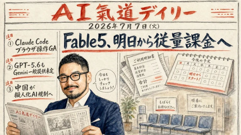 AI氣道デイリー新聞風アイキャッチ：Fable5明日から従量課金へ
