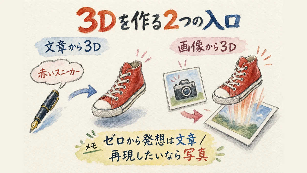 テキストから3Dと画像から3Dの2つの入口の図解