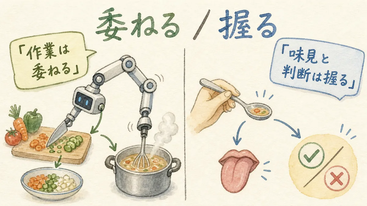 作業はAIに委ね、味見と判断は握る役割分担の図