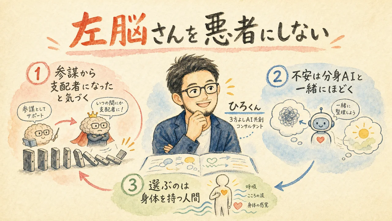 ひろくんが左脳さんを悪者にせず、分身AIと役割分担する図解