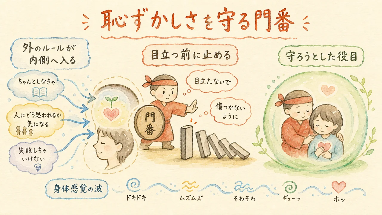 左脳さんが恥ずかしさから守る門番になった背景の図解