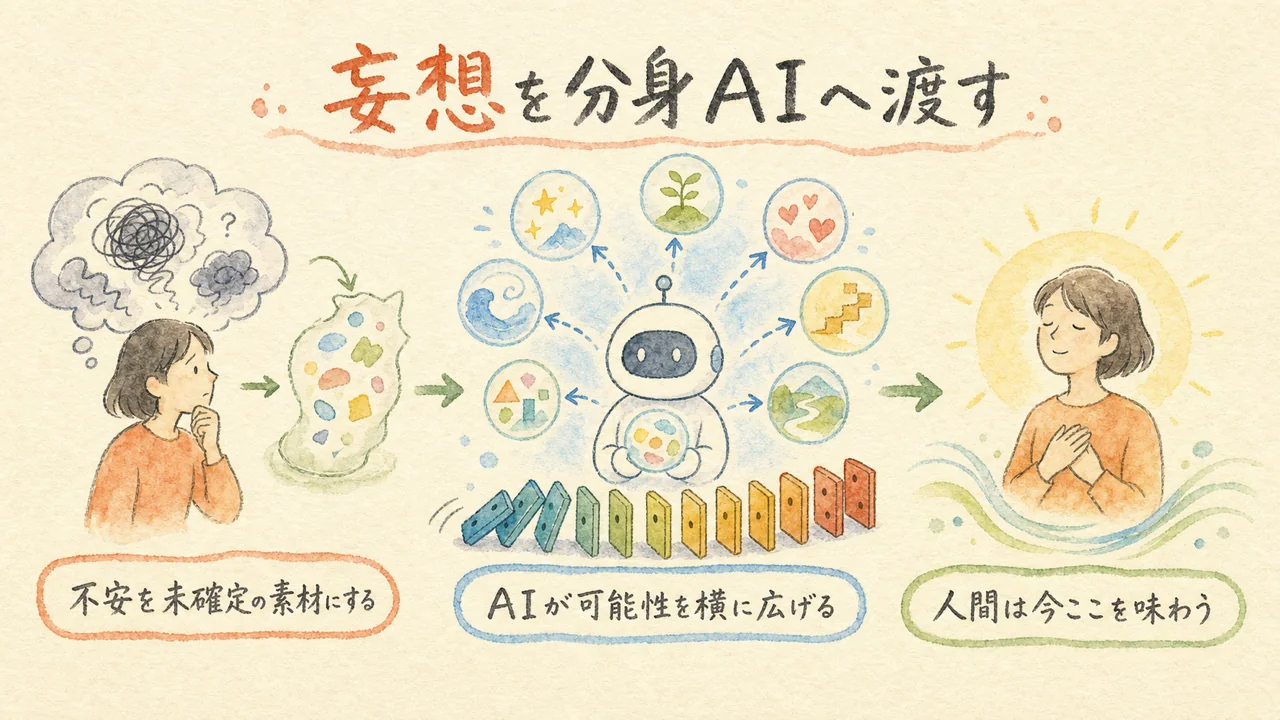 過去や未来の妄想を分身AIへ渡し、人間が今ここを味わう役割分担の図解